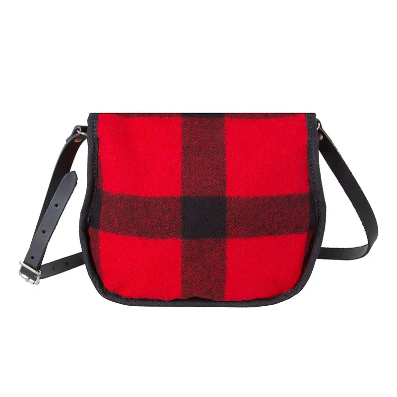 Deluxe Medium Classic Wool Shell Purse in timeless red and black wool with adjustable leather strap, crafted for durable outdoor use by Duluth Pack.