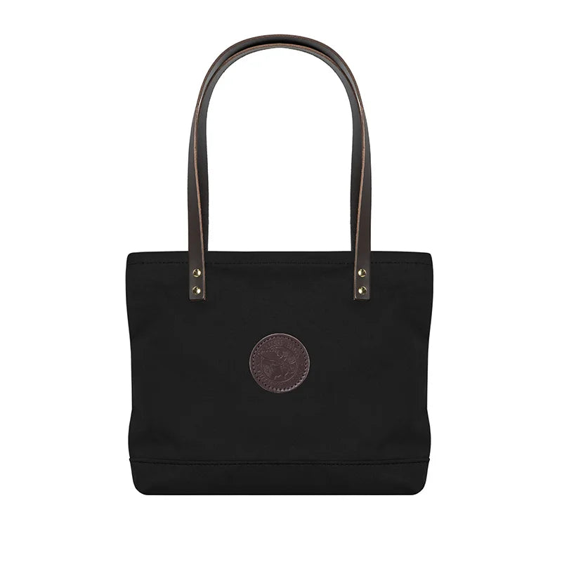 Lakewalk Tote in black canvas with riveted leather handles, featuring a durable design for everyday use and outdoor adventures.