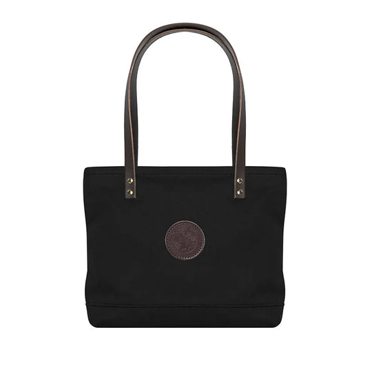 Lakewalk Tote in black canvas with riveted leather handles, featuring a durable design for everyday use and outdoor adventures.