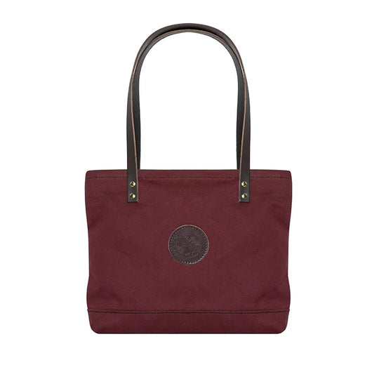 Lakewalk Tote in burgundy with riveted leather handles, handmade canvas designed for durable outdoor use by Duluth Pack.