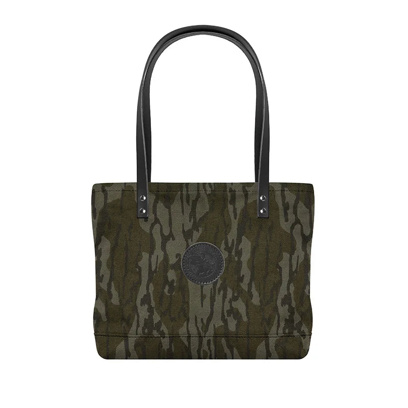 Lakewalk Tote in Mossy Oak Bottomland Camo with riveted handles and durable canvas, perfect for rugged outdoor use and everyday carrying.