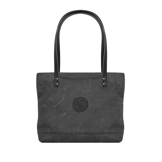 Lakewalk Tote in waxed grey canvas with riveted handles, a durable and stylish outdoor accessory designed by Duluth Pack for everyday rugged use.