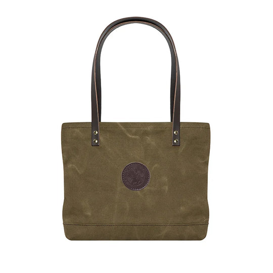 Lakewalk Tote in waxed khaki canvas with riveted leather handles by Duluth Pack, designed for durable outdoor use and classic rugged style.