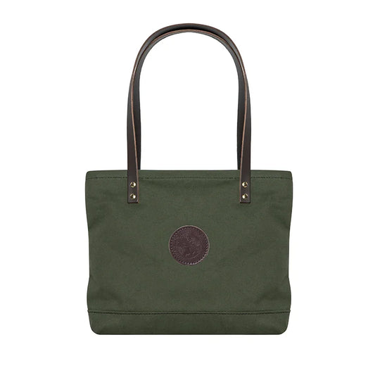 Lakewalk Tote in Olive Drab with riveted leather handles, showcasing durable handmade canvas perfect for versatile day to night outdoor use by Duluth Pack.