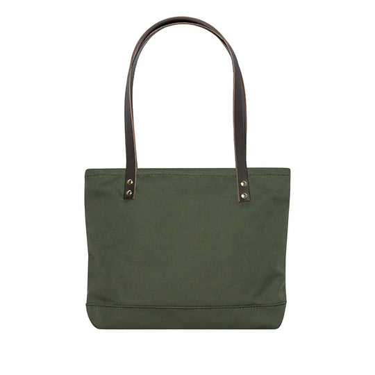 Lakewalk Tote in Olive Drab canvas with riveted leather handles, designed by Duluth Pack for rugged outdoor use and durable everyday carry.