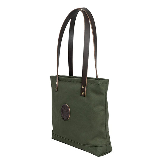 Lakewalk Tote in Olive Drab with riveted leather handles, showcasing durable handmade canvas craftsmanship by Duluth Pack, perfect for rugged outdoor use.