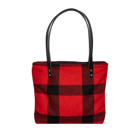 Classic Wool Lakewalk Tote in red and black wool plaid with leather straps, showcasing durable craftsmanship perfect for everyday outdoor use.