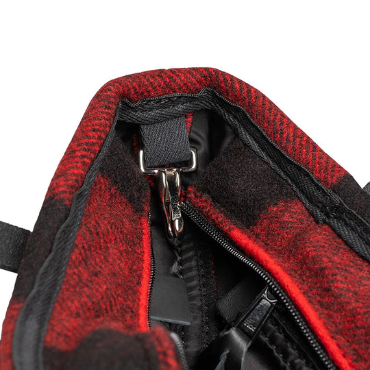 Classic Wool Lakewalk Tote with internal clip feature in red and black wool, showcasing durable craftsmanship for versatile outdoor and everyday use by Duluth Pack.