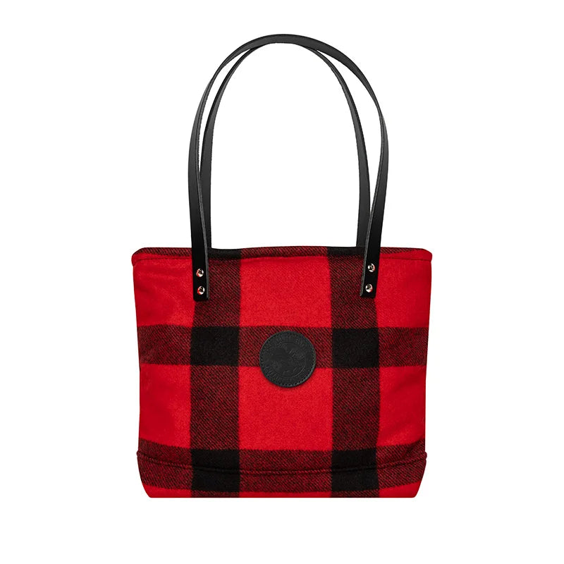 Classic Wool Lakewalk Tote in red and black wool plaid with black leather straps, showcasing rugged heritage craftsmanship for versatile everyday use.