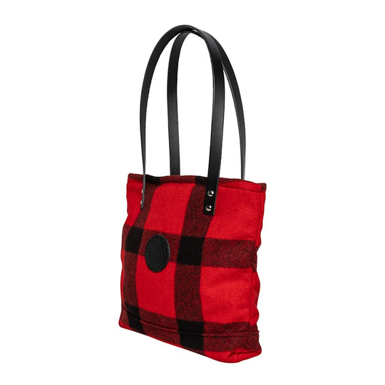 Classic Wool Lakewalk Tote in red and black wool plaid with leather straps, showcasing durable craftsmanship for versatile day-to-night outdoor use.