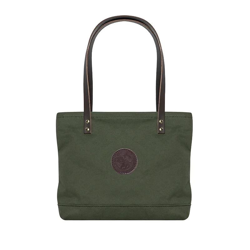 Lakewalk Tote in Olive Drab canvas with riveted leather handles, featuring durable craftsmanship from Duluth Pack, ideal for versatile outdoor and everyday use.