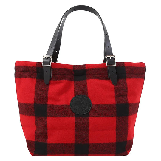Classic Wool Market Tote in red and black wool plaid with adjustable quality leather handles, showcasing heritage craftsmanship by Duluth Pack for rugged outdoor use.