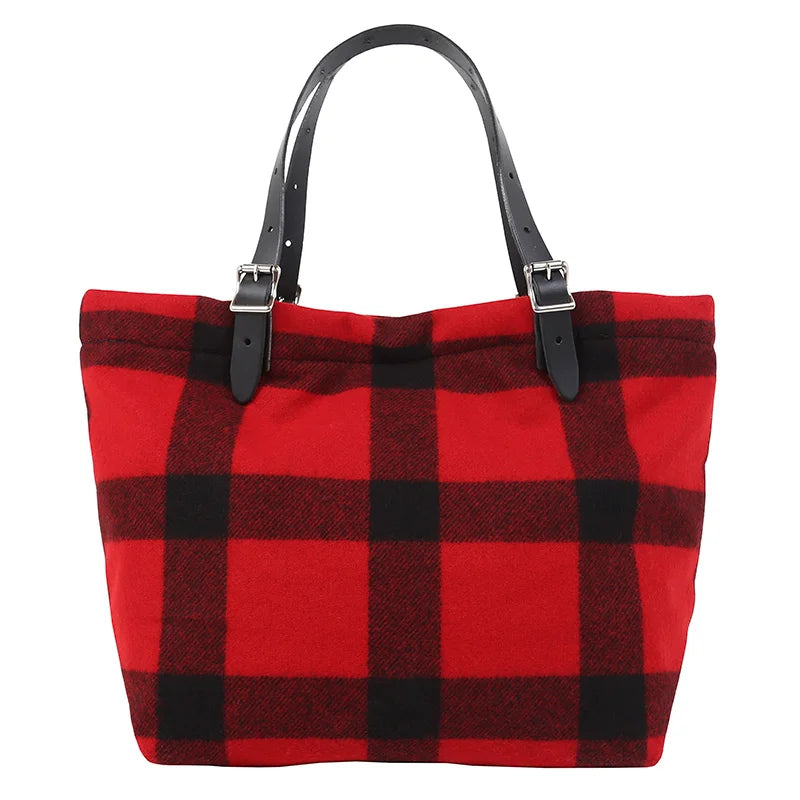 Classic Wool Market Tote featuring timeless red and black wool plaid with adjustable quality leather handles, perfect for market trips or everyday use.