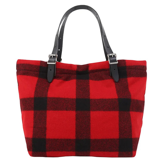 Classic Wool Market Tote featuring timeless red and black wool plaid with adjustable quality leather handles, perfect for market trips or everyday use.