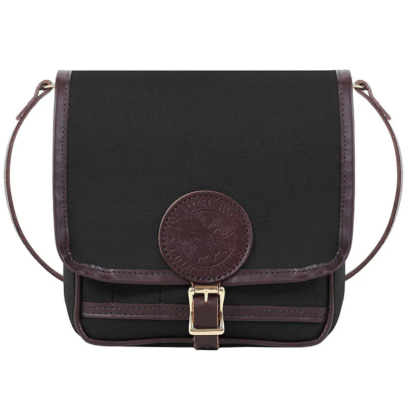 Mini Haversack Purse in black rugged 15-ounce canvas with premium leather accents and antique brass buckle, designed for everyday and travel use.