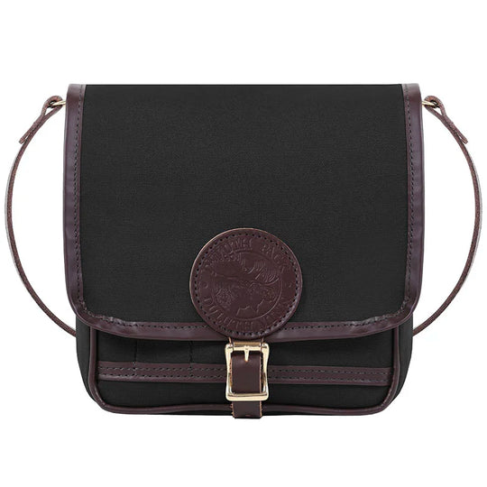 Mini Haversack Purse in black rugged 15-ounce canvas with premium leather accents and antique brass buckle, designed for everyday and travel use.