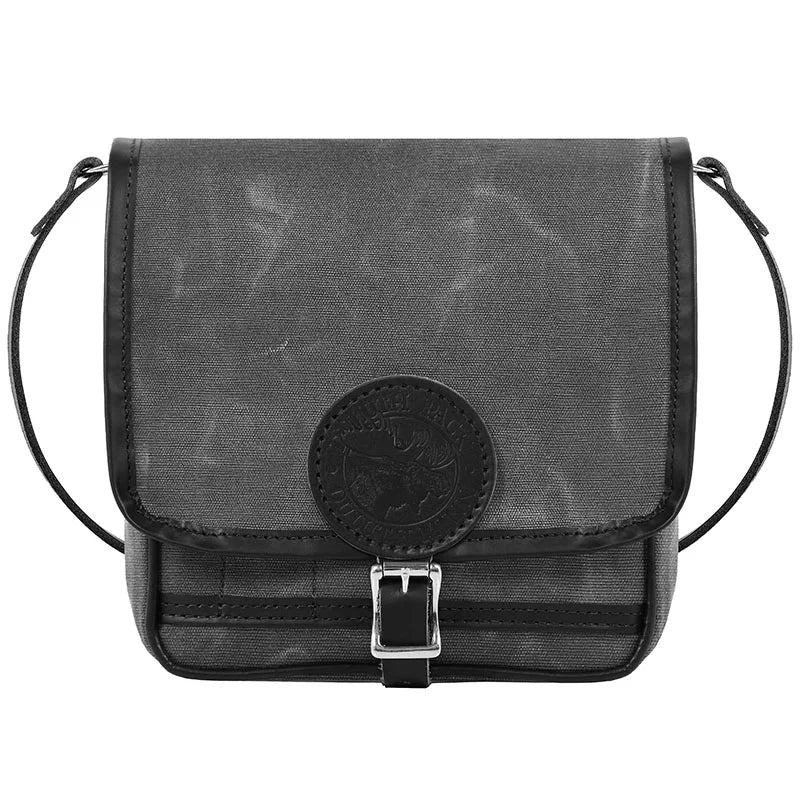 Mini Haversack Purse in Waxed Grey canvas with black leather trim and antique brass hardware, ideal for rugged outdoor use and everyday carry.