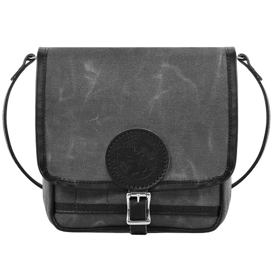Mini Haversack Purse in Waxed Grey canvas with black leather trim and antique brass hardware, ideal for rugged outdoor use and everyday carry.