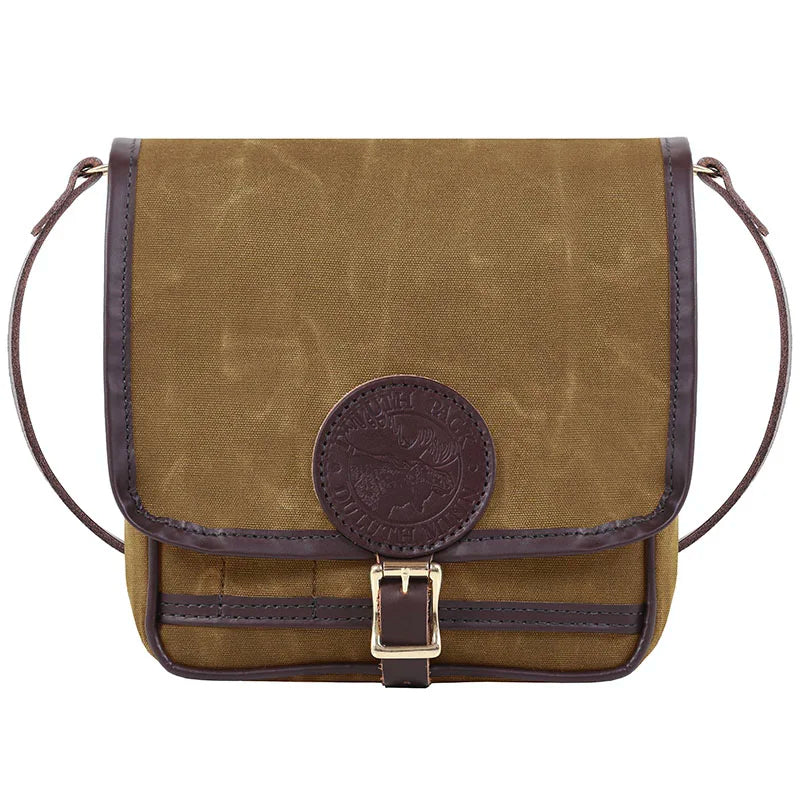 Mini Haversack Purse in waxed khaki with leather trim and brass buckle, handmade for durable everyday outdoor use.
