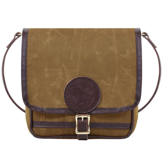 Mini Haversack Purse in waxed khaki with leather trim and brass buckle, handmade for durable everyday outdoor use.
