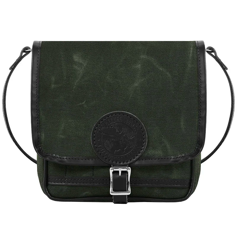 Mini Haversack Purse in waxed olive drab canvas with leather trim and roller buckle, designed for durable everyday use and travel by Duluth Pack.