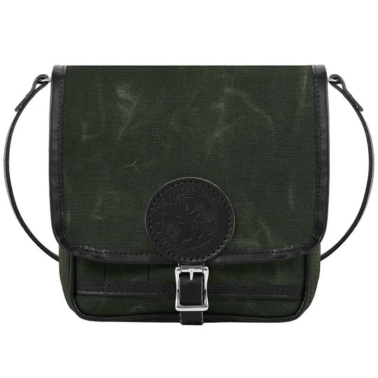 Mini Haversack Purse in waxed olive drab canvas with leather trim and roller buckle, designed for durable everyday use and travel by Duluth Pack.
