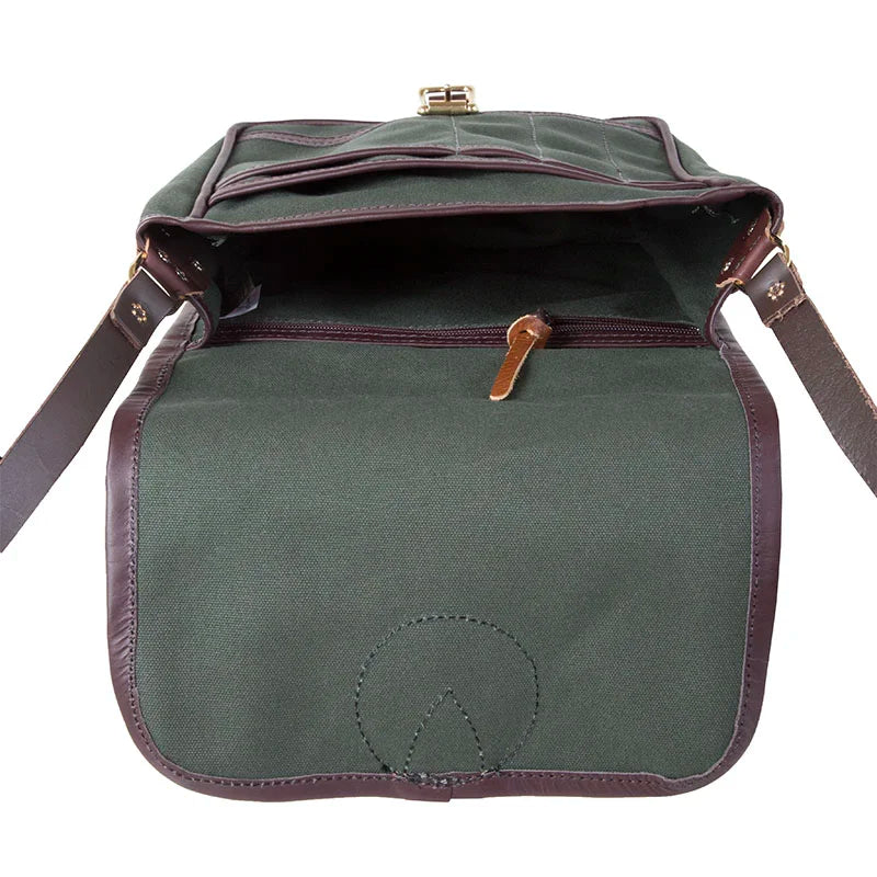 Mini Haversack Purse in Olive Drab with rugged canvas and premium leather accents, shown open to display spacious interior and durable craftsmanship for everyday and travel use.