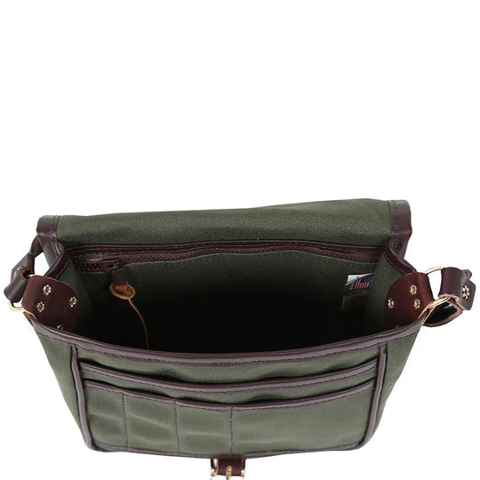 Mini Haversack Purse in Olive Drab rugged canvas with premium leather trim and brass hardware, open to show spacious interior for everyday use and travel.