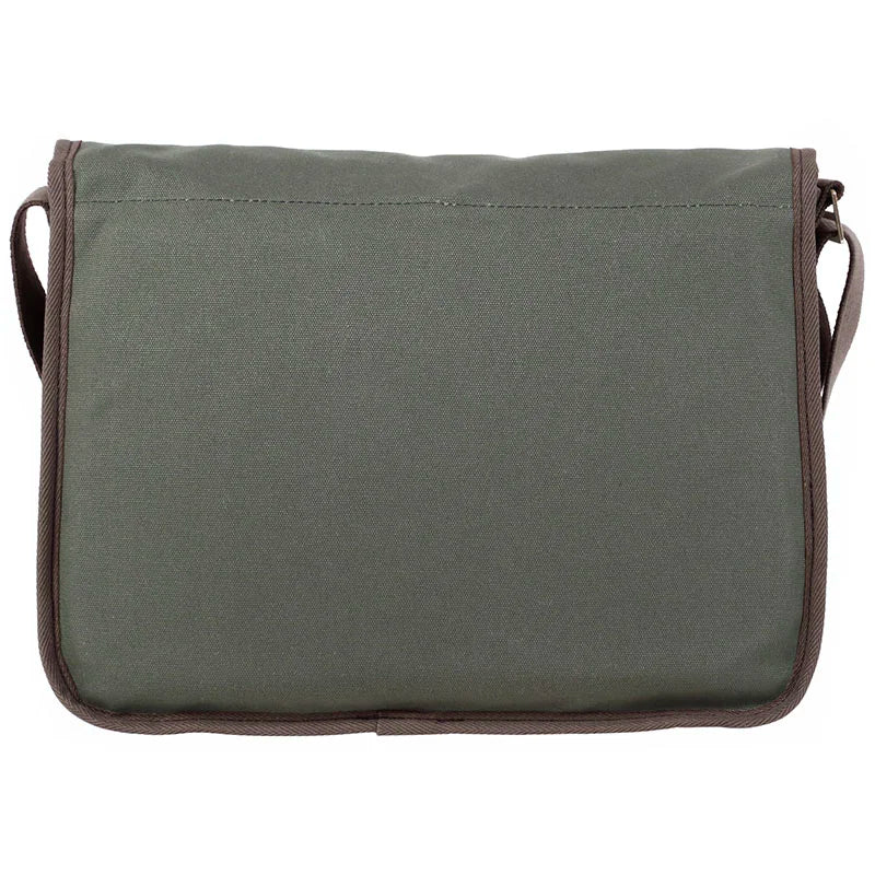Deluxe Book Bag in olive drab with handmade leather trim and durable canvas construction, designed for rugged use by Duluth Pack.