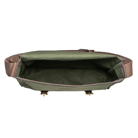 Deluxe Book Bag in Olive Drab with rugged canvas and leather trim, open top view showcasing spacious interior, ideal for outdoor and everyday use by Duluth Pack.