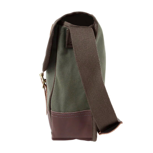 Deluxe Book Bag in Olive Drab featuring rugged canvas construction, handcrafted leather bottom, and a durable cotton web shoulder strap for outdoor use by Duluth Pack.