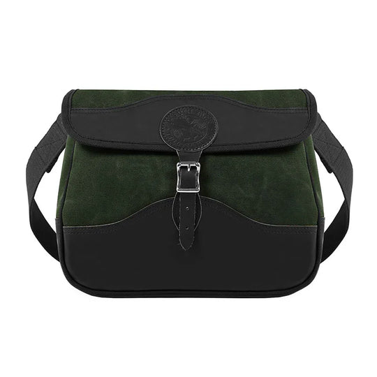 Field Satchel in rugged green canvas with black leather trim and durable strap, designed for outdoor use by Duluth Pack’s trusted craftsmanship.