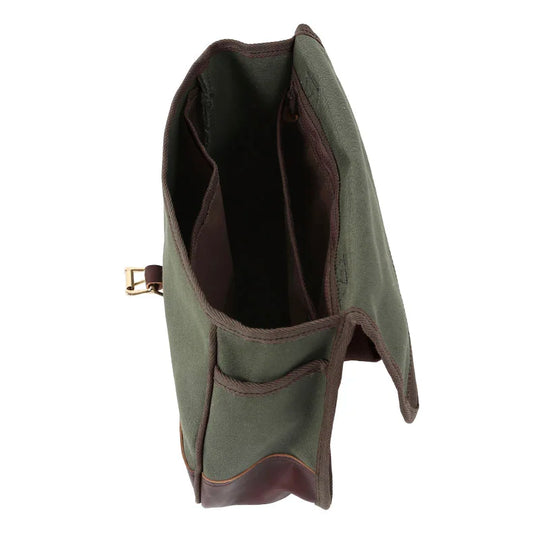 Field Satchel in rugged 15-ounce canvas with antique brass hardware and premium leather accents, designed for durable outdoor use by Duluth Pack.