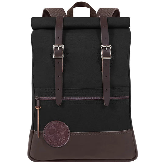 Deluxe Roll-Top Scout Pack in black canvas and brown leather, featuring sturdy roll-top closure and durable craftsmanship for rugged outdoor use by Duluth Pack.