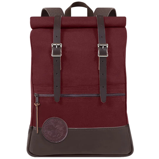 Deluxe Roll-Top Scout Pack in burgundy with leather straps, featuring durable canvas and rugged outdoor design by Duluth Pack for reliable everyday use.