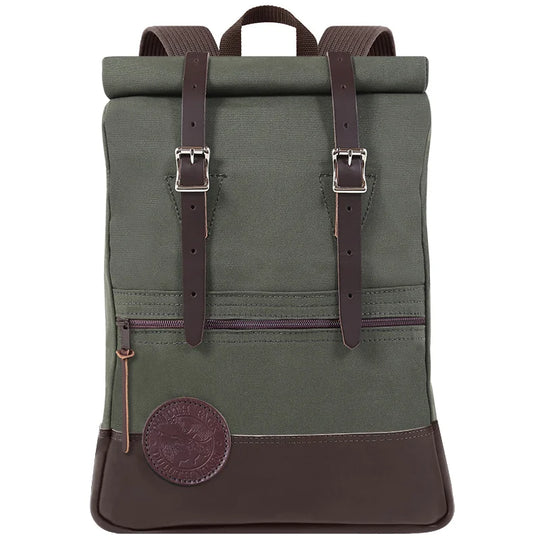 Deluxe Roll-Top Scout Pack in Olive Drab canvas and leather, handmade by Duluth Pack, designed for rugged outdoor use and secure, adjustable carrying.