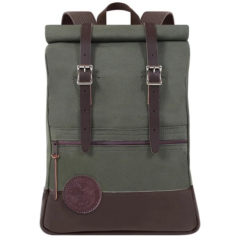 Deluxe Roll-Top Scout Pack in Olive Drab with leather straps and bottom, featuring durable handmade canvas construction ideal for rugged outdoor use.