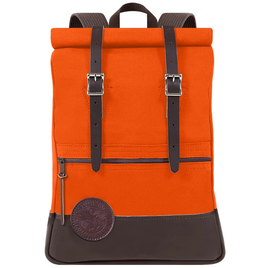 Deluxe Roll-Top Scout Pack in vibrant orange with dark leather accents, featuring durable canvas and secure buckle straps, ideal for rugged outdoor use by Duluth Pack.