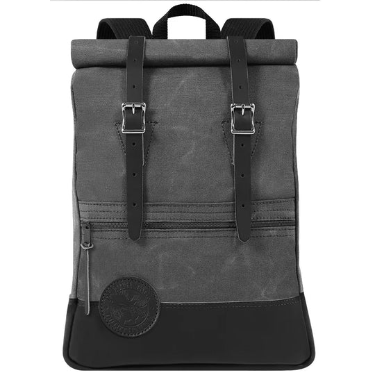 Deluxe Roll-Top Scout Pack in waxed grey canvas with black leather accents, featuring durable handmade construction by Duluth Pack for rugged outdoor adventures.