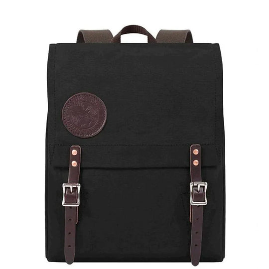 Ranger Pack in black with rugged canvas and premium leather flap straps, designed for durable outdoor use and long-lasting performance.