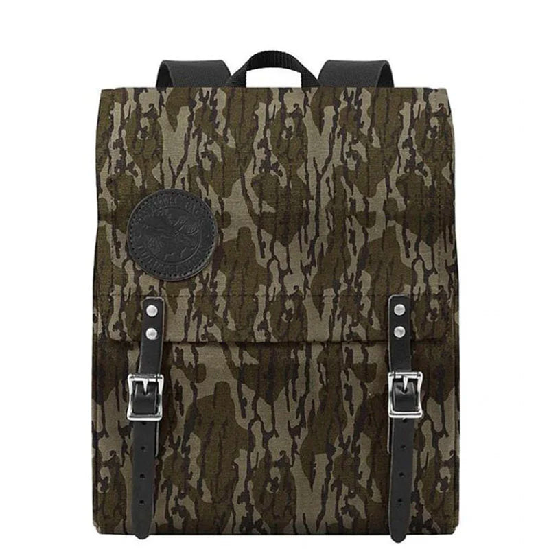 Ranger Pack in Mossy Oak Bottomland Camo featuring rugged canvas construction, premium leather flap straps, and durable roller buckles for outdoor adventures.