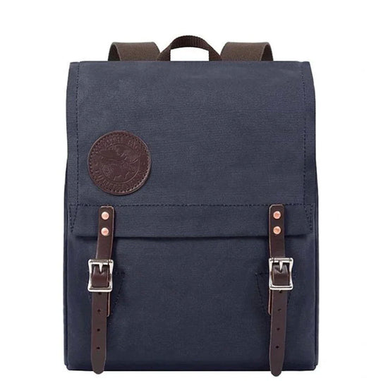 Ranger Pack in navy with rugged 15-ounce canvas and premium leather flap straps, designed for durable outdoor adventure use.
