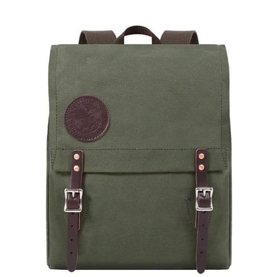 Ranger Pack in Olive Drab with rugged canvas and premium leather flap straps designed for durable outdoor adventures and long-lasting performance.