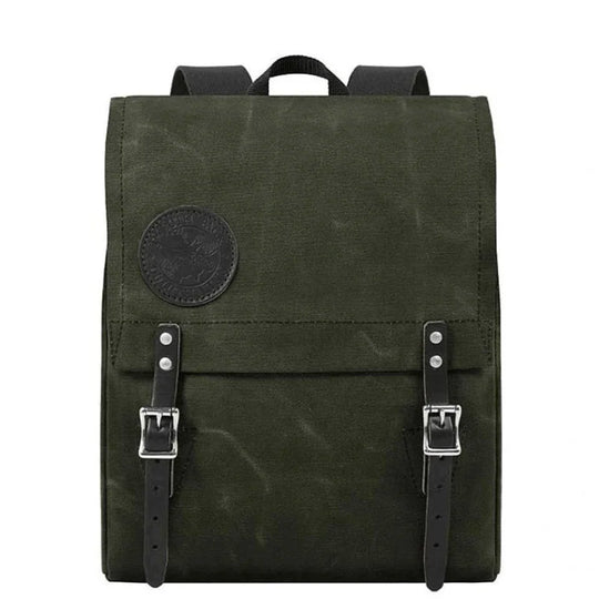 Ranger Pack in Olive Drab with rugged canvas construction, leather flap straps, and metal buckles, designed for durable outdoor use and adventure.