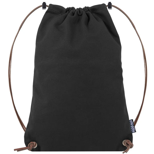 Drawstring Backpack in black canvas with premium adjustable leather drawstrings by Duluth Pack, designed for durable outdoor use and comfortable carrying.