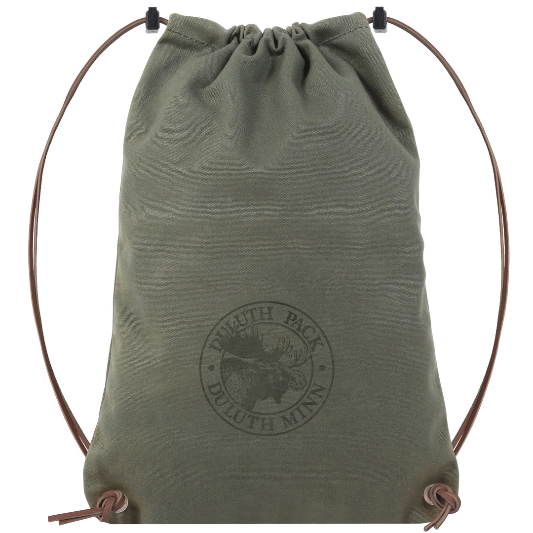 Drawstring Backpack in rugged olive canvas with premium adjustable leather drawstrings, handcrafted by Duluth Pack for durable outdoor use and everyday adventure.