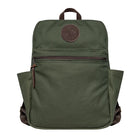 NEW Standard Backpack in Olive Drab canvas with leather accents, featuring side pockets and durable design for outdoor and school use by Duluth Pack.