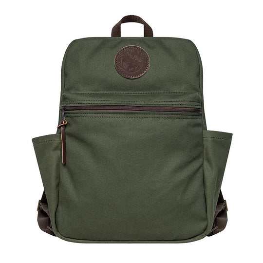 NEW Standard Backpack in Olive Drab canvas with leather accents, featuring side pockets and durable design for outdoor and school use by Duluth Pack.