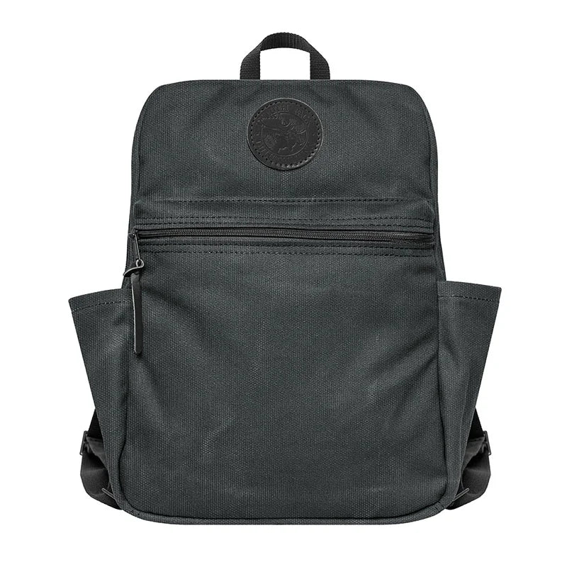 NEW Standard Backpack in waxed grey canvas with side pockets and front zippered compartment, designed by Duluth Pack for durable outdoor use and school essentials.