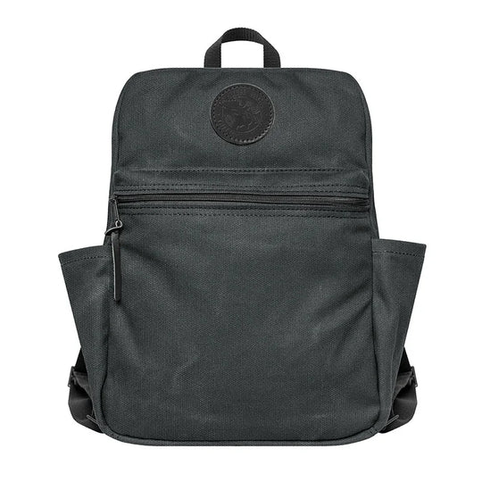NEW Standard Backpack in waxed grey canvas with side pockets and front zippered compartment, designed by Duluth Pack for durable outdoor use and school essentials.